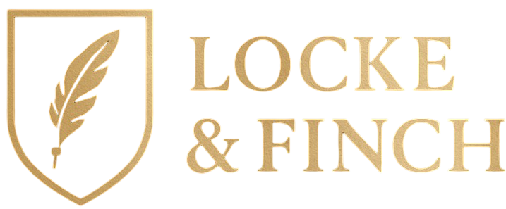 Locke & Finch logo - a shield with a feather quill