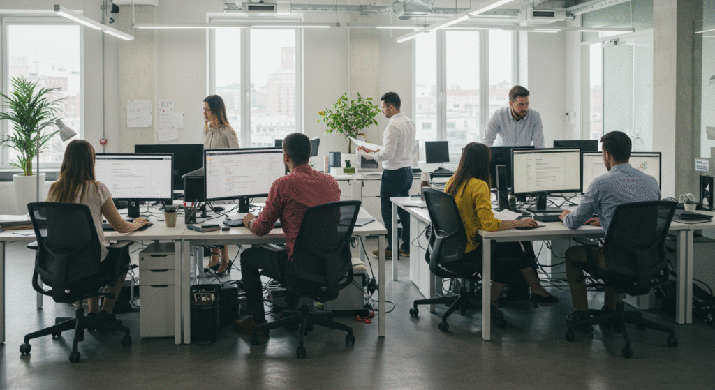 Modern open-plan office with several employees working at their desks on computers.