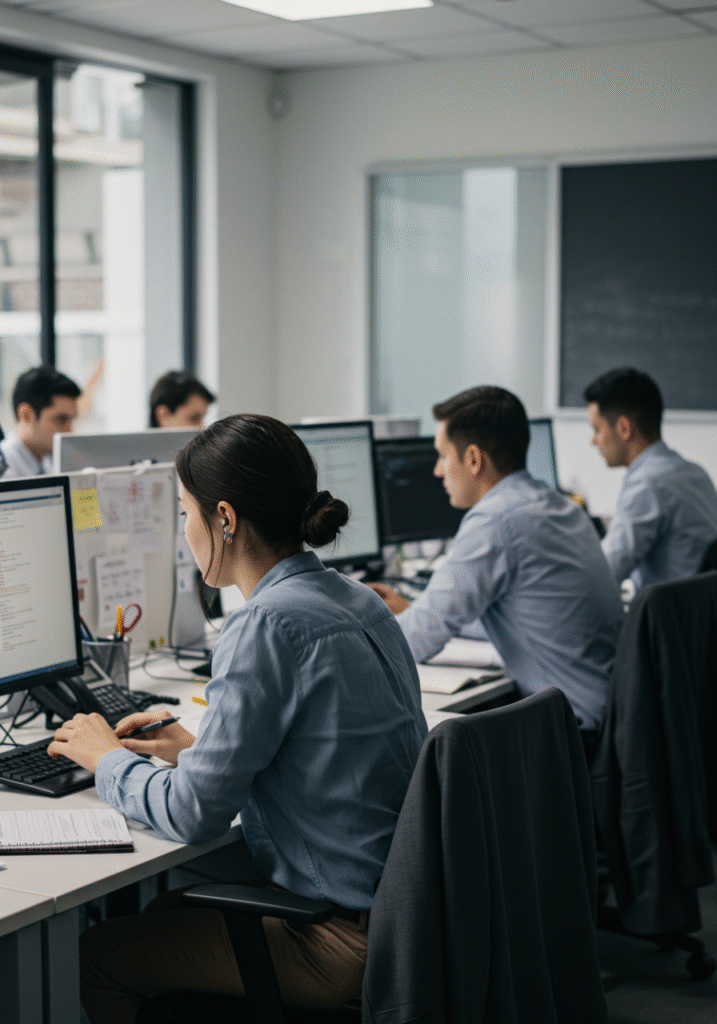 Team of colleagues working collaboratively on computers in an open-plan office environment.