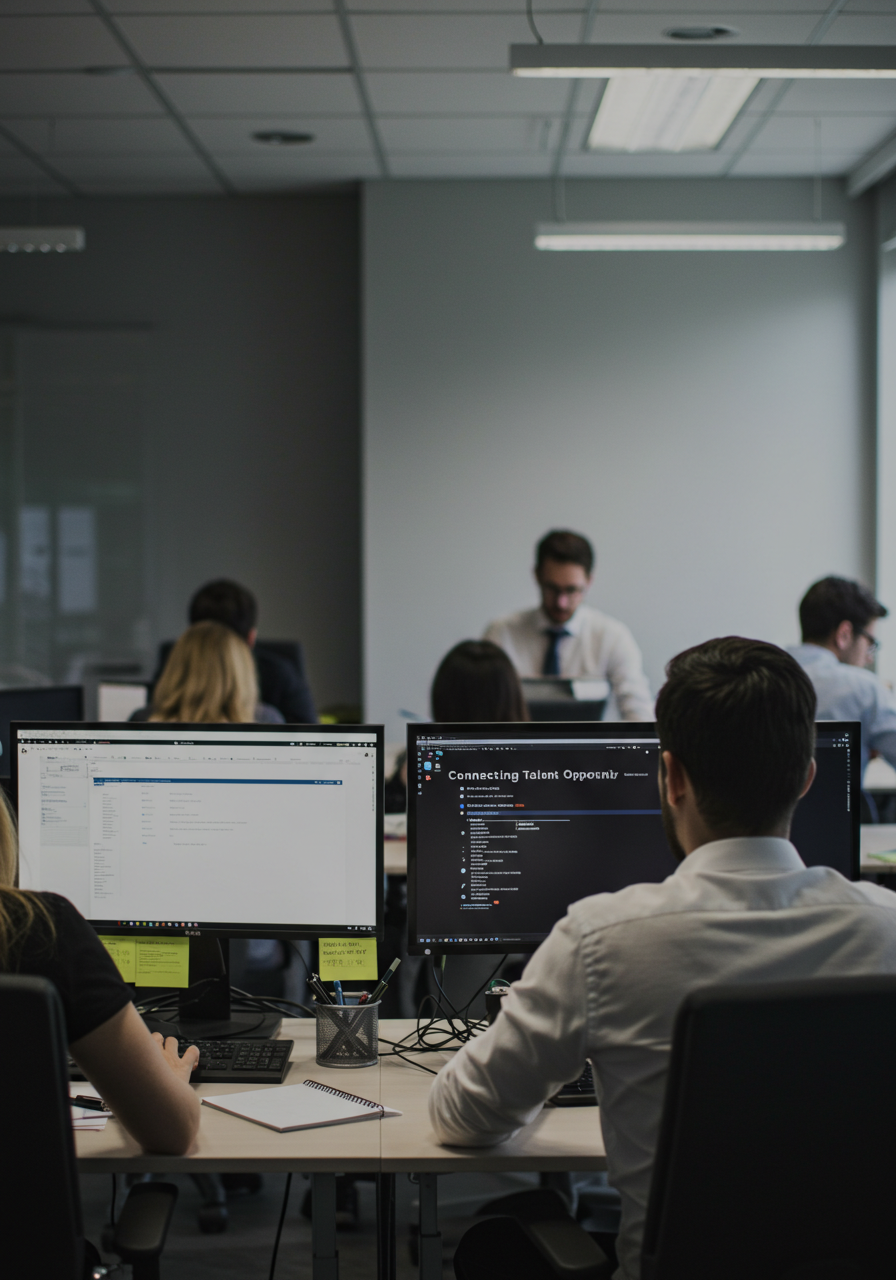 Office workers at desks viewed from behind