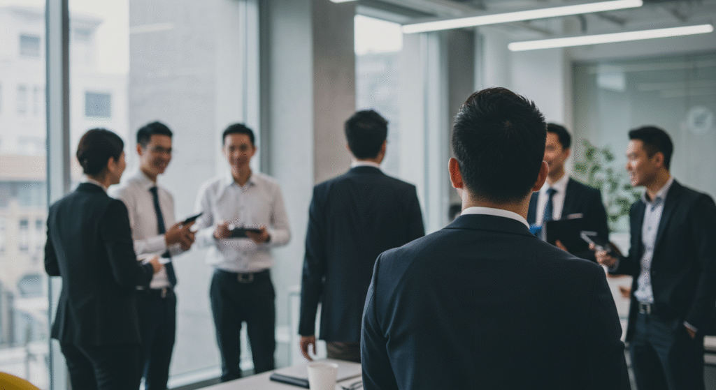 Business team in a meeting around a conference table, representing direct hire recruitment.