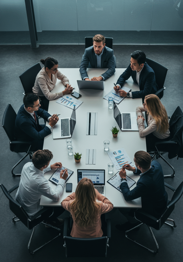 Aerial view of a business team in a formal meeting around a large conference table.