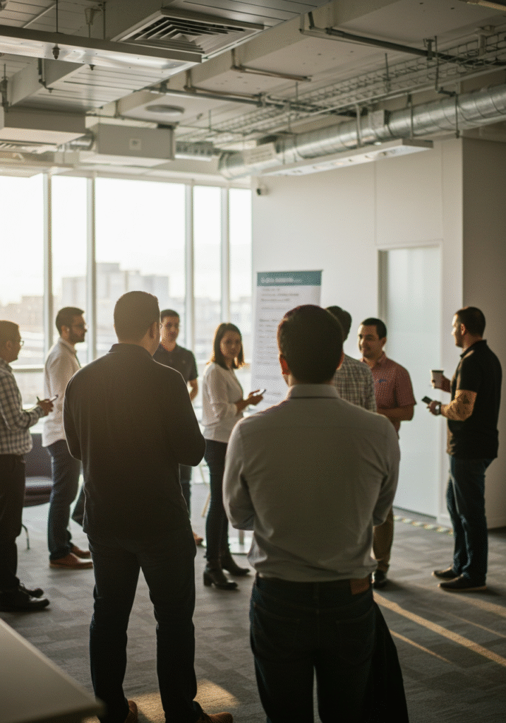 Group of professionals networking and conversing in a modern, open office space.
