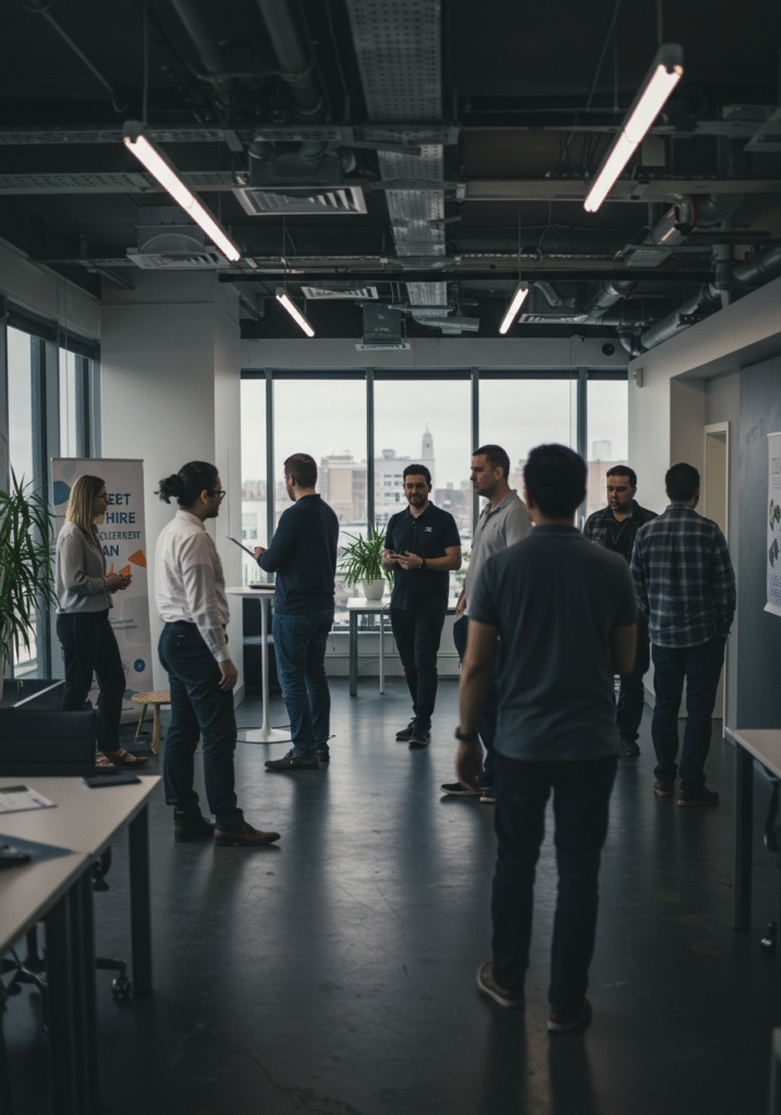 Slightly blurred view of professionals in an office, with one person in focus; wall text 'MEET HIRE CULTIVATE AN' partially visible.